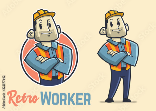 Retro muscular construction worker character, vintage strong builder mascot, confidence and big man