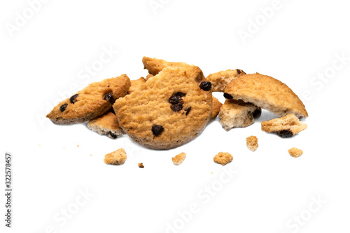Chocolate chip cookies and crumble cracks isolated on white background. Sweet biscuits delicious and crunchy homemade pastry.