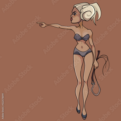 cartoon sexy woman with a whip in her hand points her finger to the side