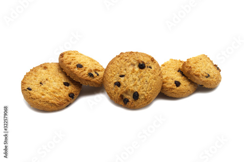 Chocolate chip cookies isolated on white background. Pile of sweet biscuits delicious and crunchy homemade pastry.