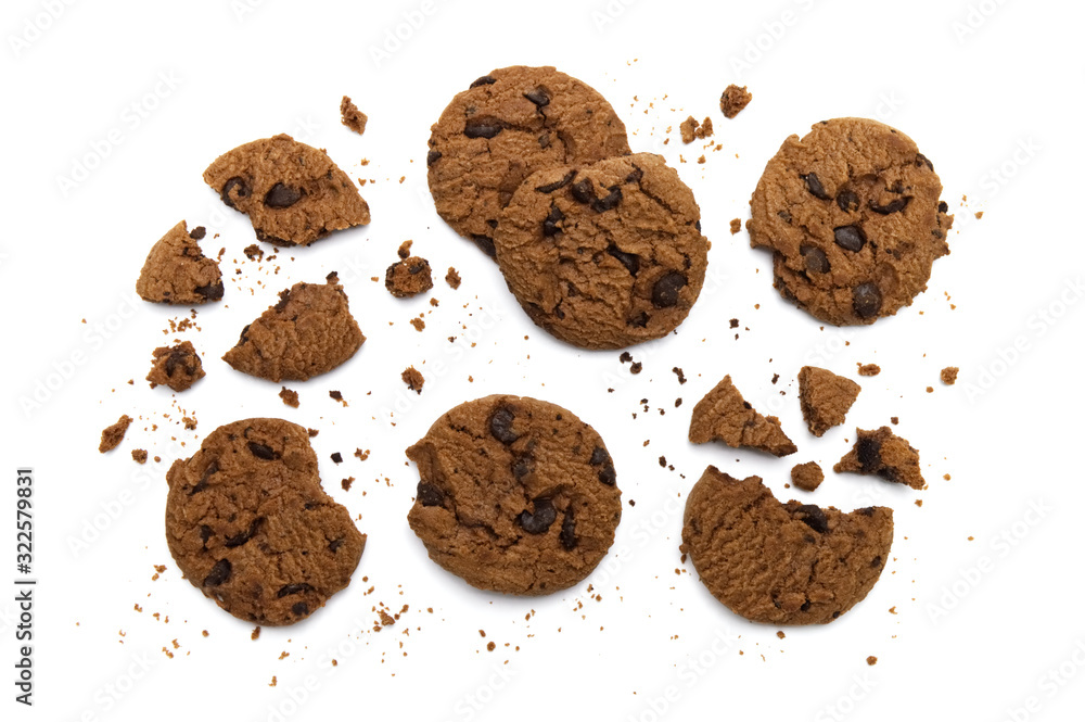 Chocolate chip cookies with some broken and crumbs on white background in Top view. Chocolate chip cookies with some broken and crumbs on white background in Top view.