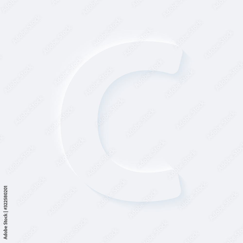 Vector button letter of alphabet C. Bright white gradient neumorphic effect character type icon. Internet gray symbol isolated on a background. Vector button letter of alphabet C. Bright white gradient neumorphic effect character type icon. Internet gray symbol isolated on a background.