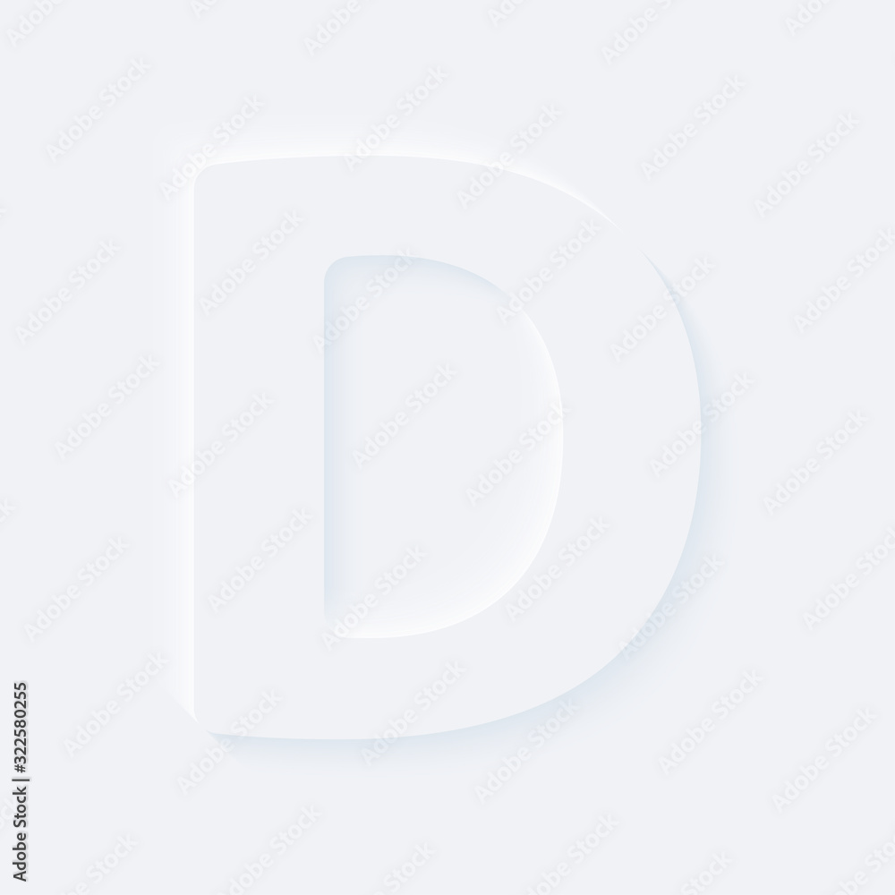 Vector button letter of alphabet D. Bright white gradient neumorphic effect character type icon. Internet gray symbol isolated on a background. Vector button letter of alphabet D. Bright white gradient neumorphic effect character type icon. Internet gray symbol isolated on a background.
