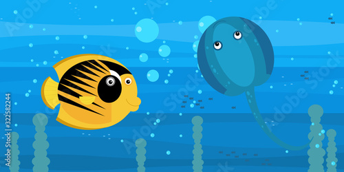 Fototapeta Naklejka Na Ścianę i Meble -  cheerful cartoon underwater scene with swimming coral reef fishes illustration
