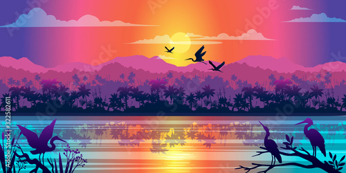 Horizontal tropical landscape with jungle, river, mangrove reflection, sunrise and birds outlines. Rainforest banner with mountains, hills and palm trees silhouette. For landing pages, advertisements