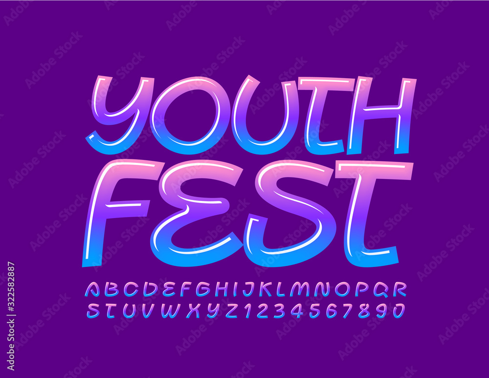 Vector colorful logo Youth Fest. Modern glossy Font. Bright Alphabet Letters and Numbers
