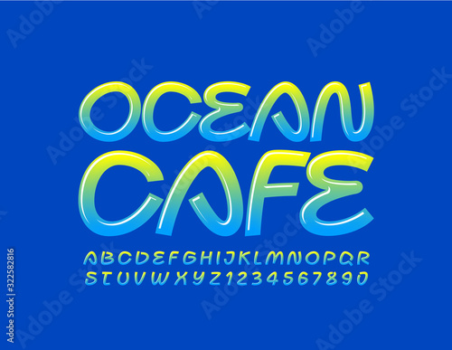Vector stylish logo Ocean Cafe. Uppercase Handwritten Font. Colorful Alphabet Letters and Numbers.
