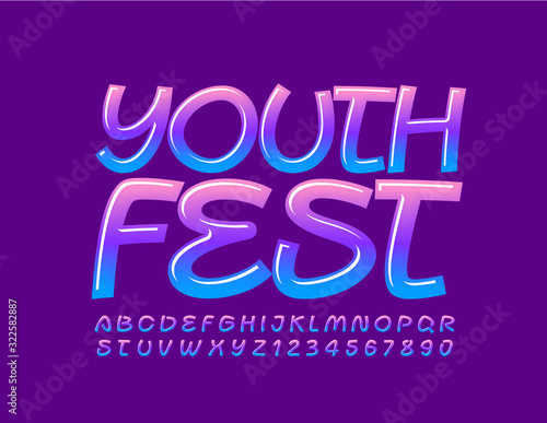 Vector colorful logo Youth Fest. Modern glossy Font. Bright Alphabet Letters and Numbers