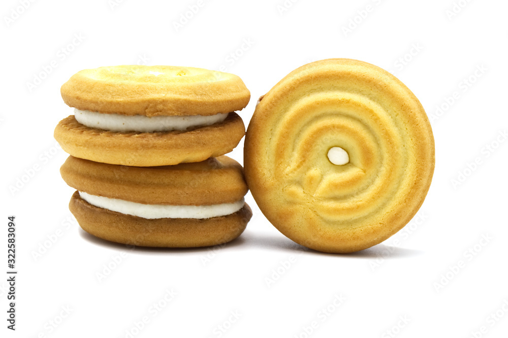 Sandwich cookies with coconut cream flavor isolated on white background. Stack of crunchy biscuits delicious sweet meal and useful cracker. Tasty sweet snack. Sandwich cookies with coconut cream flavor isolated on white background. Stack of crunchy biscuits delicious sweet meal and useful cracker. Tasty sweet snack.