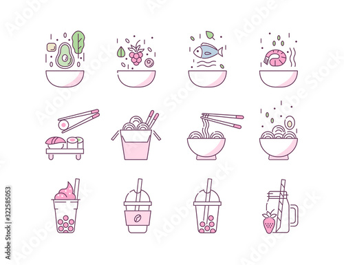 Poke Bowl Icons Set. Various Healthy Meals Symbols. Poke Salad, Noodles, Bubble Tea and Sushi. Asian Food and Beverage Signs Collection. Flat Line Cartoon Vector Illustration.