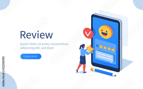 Woman Character Giving Five Star Feedback. Client Choosing Satisfaction Rating and Leaving Positive Review. Customer Service and User Experience Concept. Flat Isometric Vector Illustration. © Irina Strelnikova