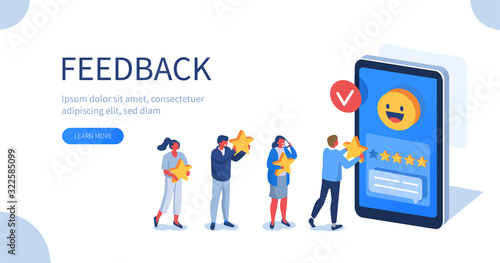 People Characters Giving Five Star Feedback. Clients Choosing Satisfaction Rating and Leaving Positive Review. Customer Service and User Experience Concept. Flat Isometric Vector Illustration.