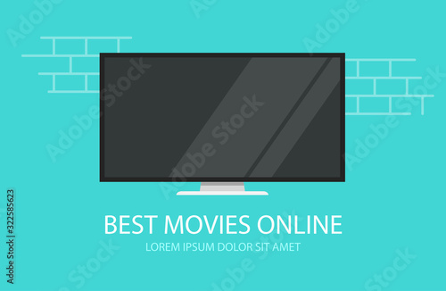 Online video movies or tv cinema vector flat cartoon illustration tv screen banner modern design image