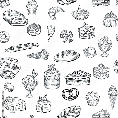 sweet  candy  bakery  food vector seamless pattern on white background . Concept for menu  cards  wallpaper   wrapping paper 
