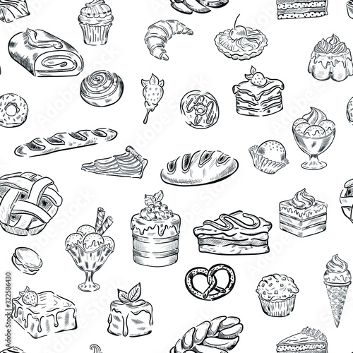 sweet, candy, bakery, food vector seamless pattern on white background . Concept for menu, cards, wallpaper , wrapping paper 