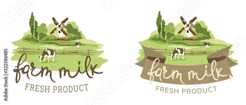Logotype for farm milk / Vector illustration, fields and meadows with cow and mill