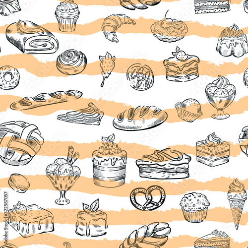 Sweets, candy, bakery food vector seamless pattern on white background. Concept for menu, cards, wallpaper, wrapping paper  