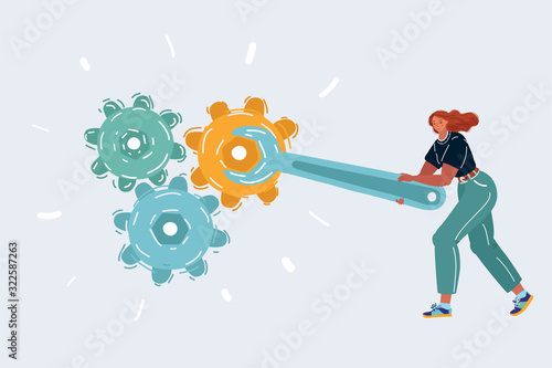 Woman holding wrench on white. Solution concept.