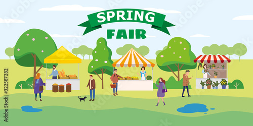 Spring Fair festival. Food street fair, market family festival. People walking eating street food, shopping