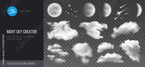Night sky creator. Realistic vector phases of the moon, clouds and stars. Transparent background.