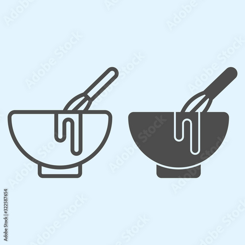 Manual stirring line and solid icon. Whisk and bowl, whipping cream process. Home-style kitchen vector design concept, outline style pictogram on white background, use for web and app. Eps 10.
