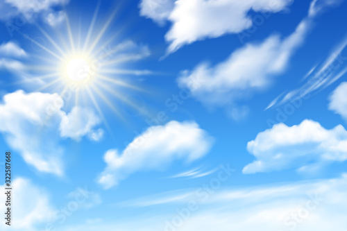 Blue sky background with white clouds and sun. Realstic cloudy effect. Vector poster