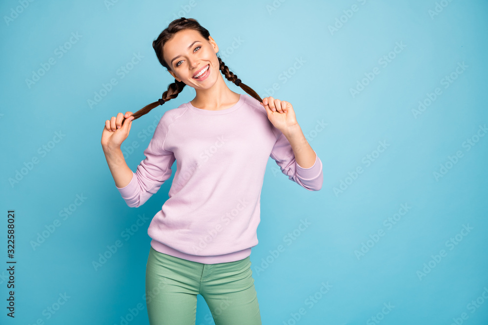 Portrait of her she nice attractive lovely cheerful cheery feminine girl having fun enjoying making tails isolated over bright vivid shine vibrant blue green teal turquoise color background Portrait of her she nice attractive lovely cheerful cheery feminine girl having fun enjoying making tails isolated over bright vivid shine vibrant blue green teal turquoise color background