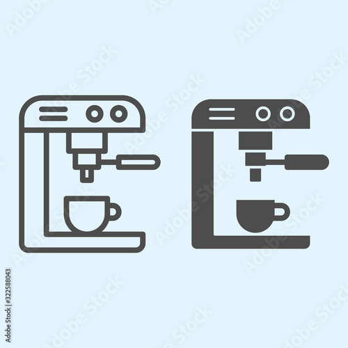 Coffee maker line and solid icon. Machine and cup of brewed hot drink. Home-style kitchen vector design concept, outline style pictogram on white background, use for web and app. Eps 10.