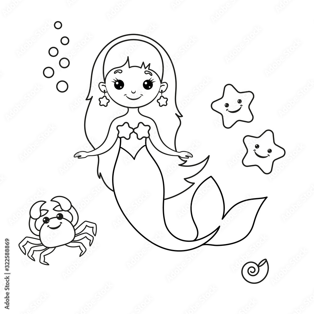 Mermaid and crab, sea stars outline drawing. Vector Illustration. Mermaid and crab, sea stars outline drawing. Vector Illustration.
