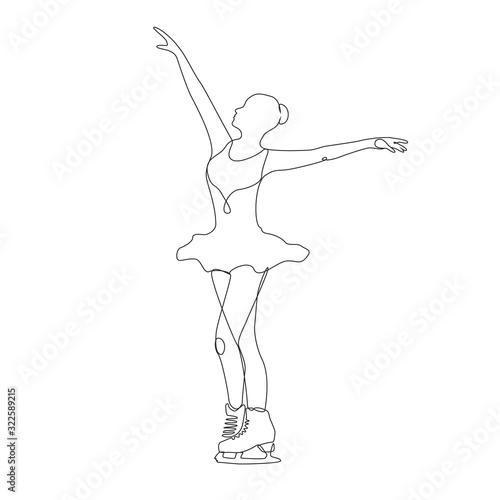 Figure skater one line drawing on white isolated background. A young woman is dancing. Vector illustration