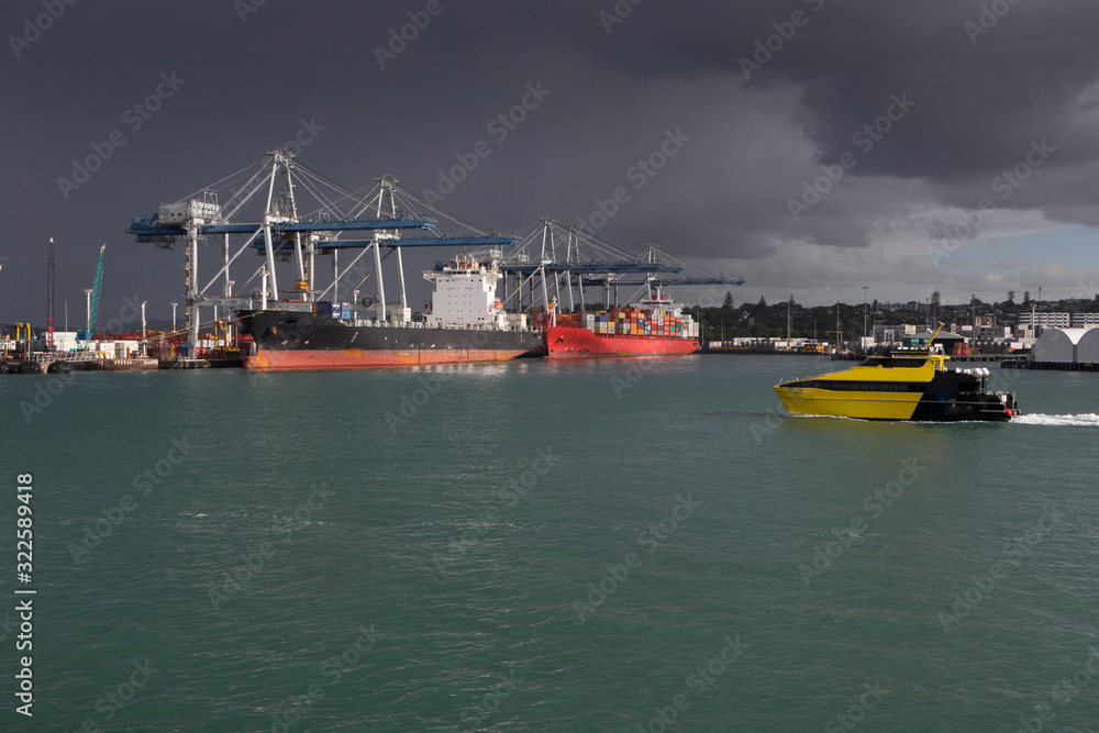 Auckland New Zealand. Skyline. Boats and cranes