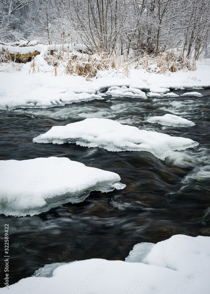 Fresh snow and a small creek create a scenic winter landscape in rural Illinois, USA. Fresh snow and a small creek create a scenic winter landscape in rural Illinois, USA.