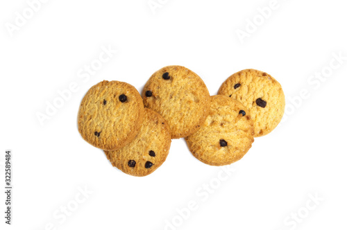 Chocolate chip cookies isolated on white background. Sweet biscuits delicious and crunchy homemade pastry.