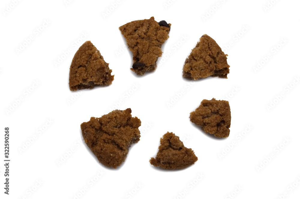 Biscuit with chocolate chip flavored. Some broken and crumbs of crunchy delicious sweet meal and useful cookie with isolated on white background. Biscuit with chocolate chip flavored. Some broken and crumbs of crunchy delicious sweet meal and useful cookie with isolated on white background.