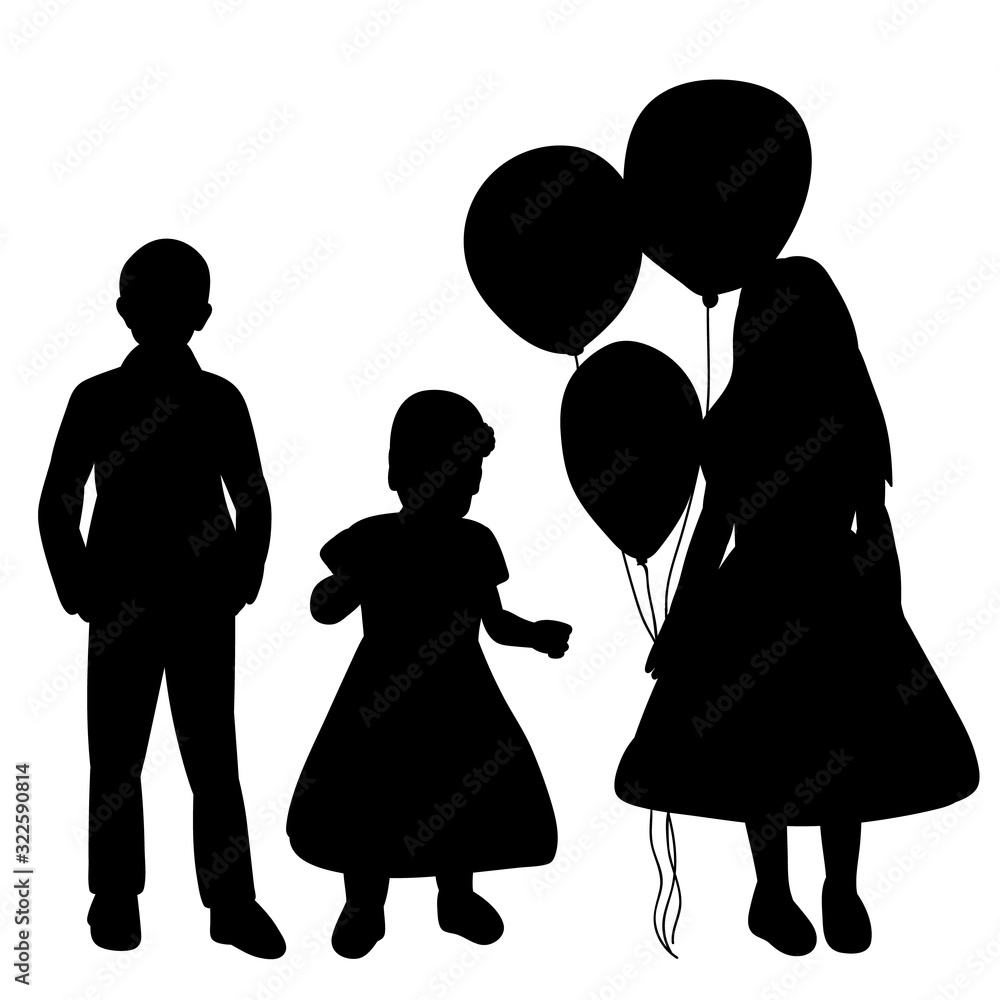 isolated, black silhouette children, friends, balls