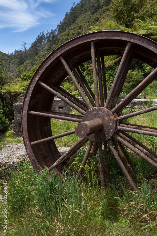 Karangahake gorge New Zealand. Forest and rusty wheel remains historic goldmining area. Karangahake gorge New Zealand. Forest and rusty wheel remains historic goldmining area.