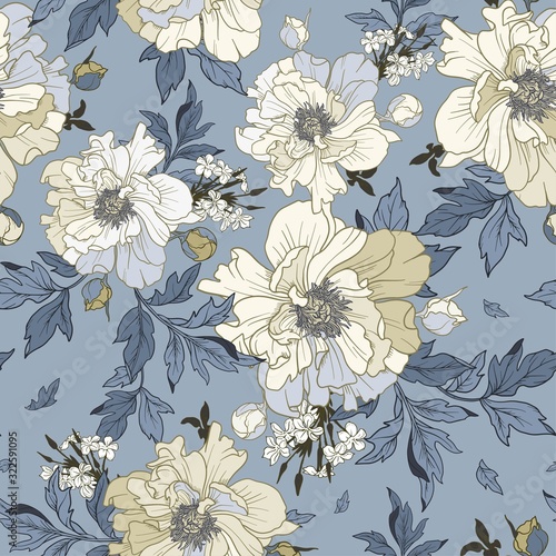 Floral seamless pattern. Realistic picturesque peonies. Stylish romantic background for surface design