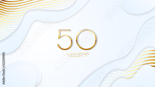 50th anniversary celebration. Golden number with realistic fluid white background. Realistic 3D sign modern elegant can be used for a company or wedding. editable design vector EPS 10.