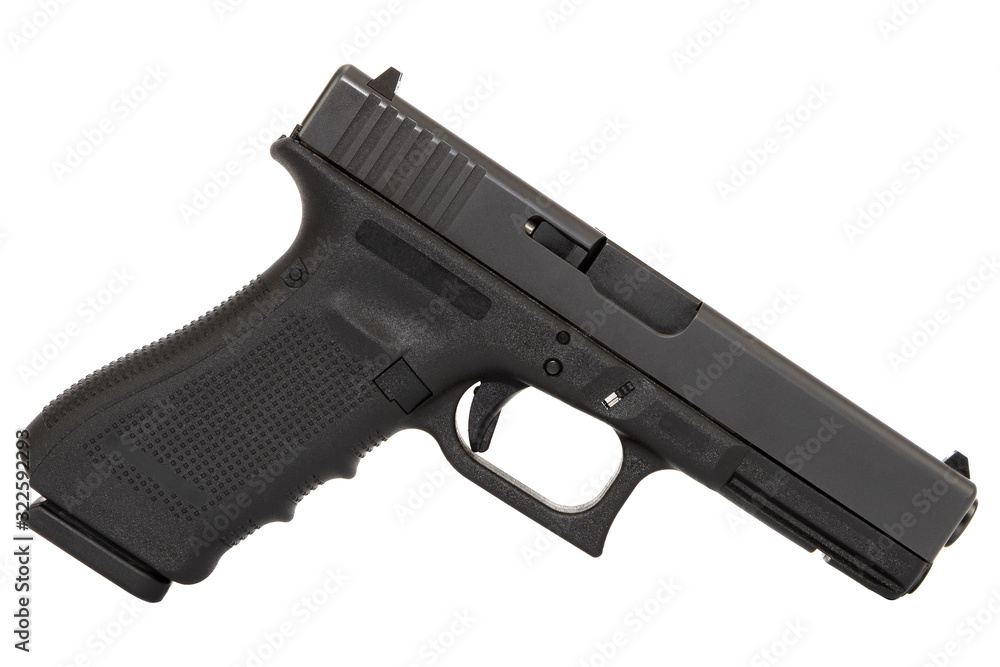 black semi-automatic pistol on a white background