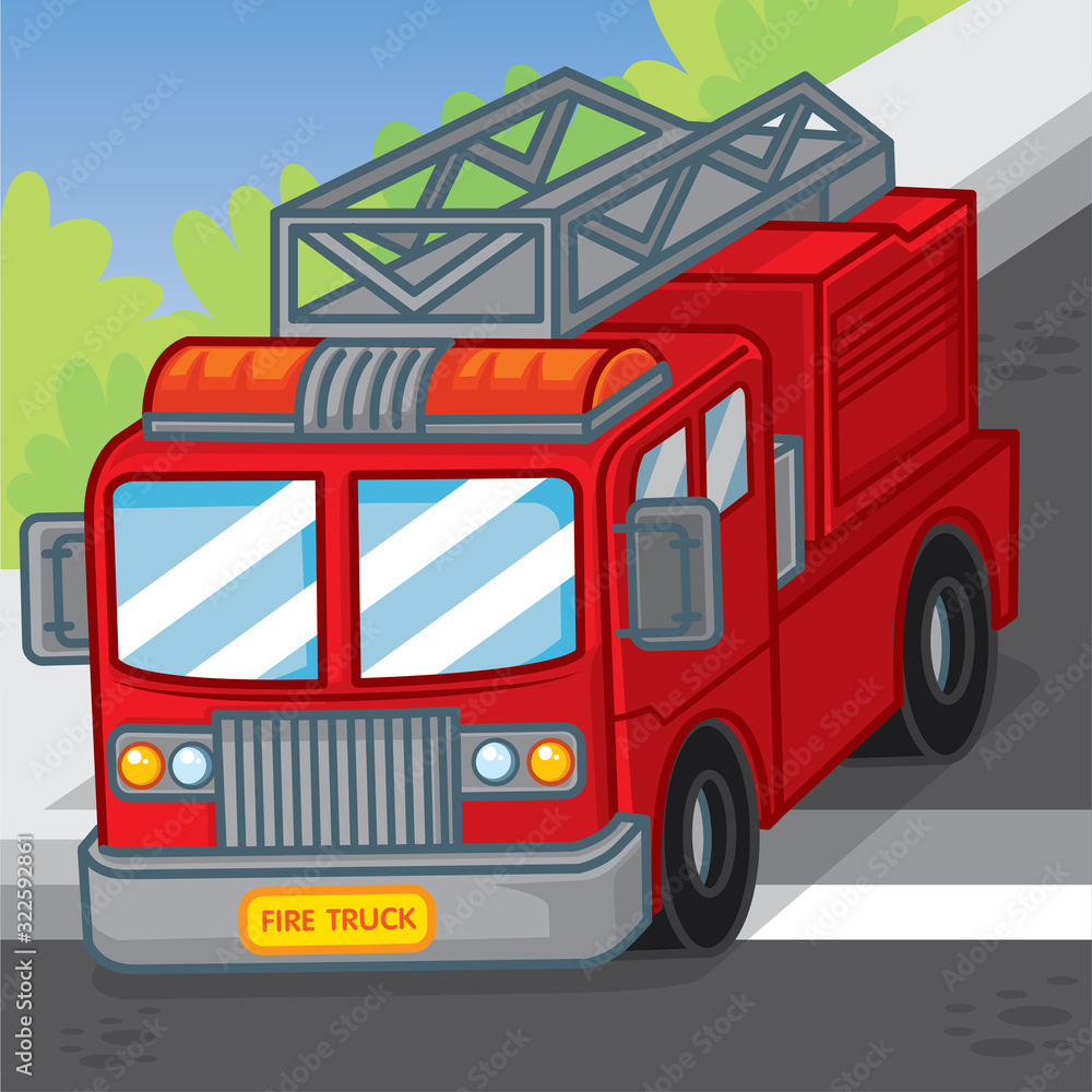 Cute cartoon fire truck on the road, Cartoon vector Stock Vector ...