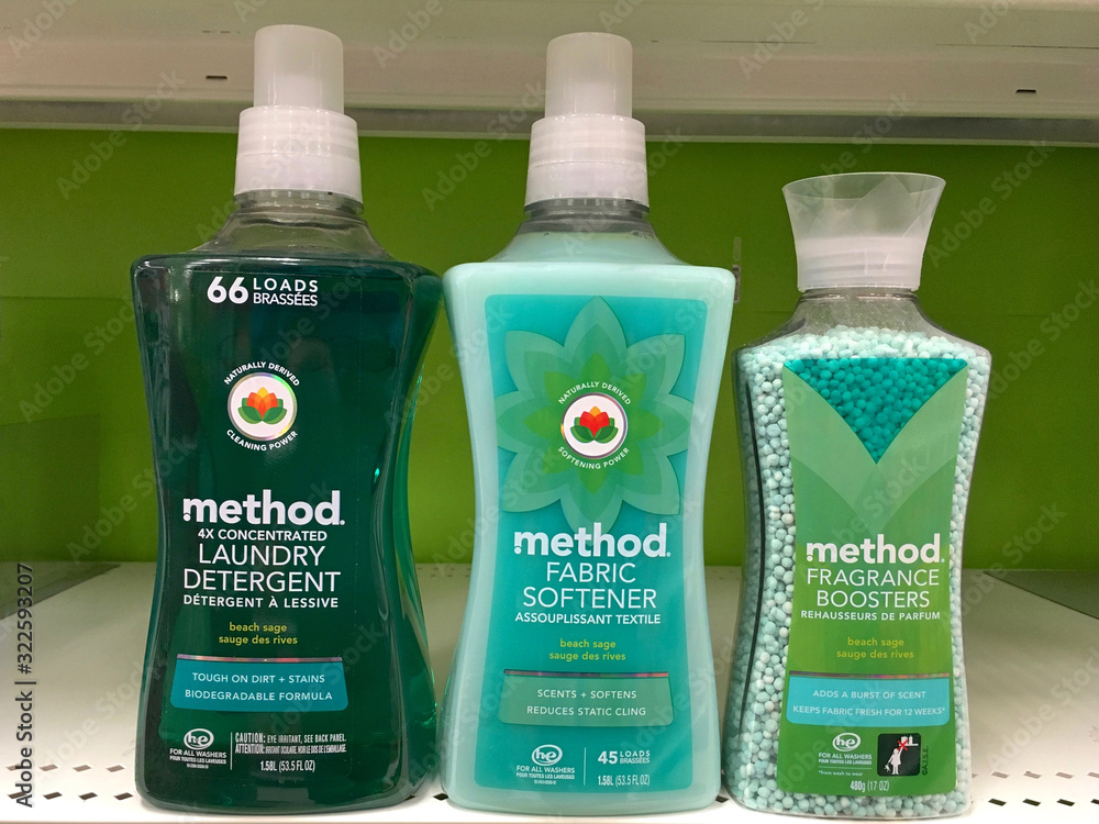 Alameda, CA - July 25, 2017: Grocery store shelf with bottles of Method  brand laundry soap, fabric softener and fragrance boost beads. Beach Sage  scent. Stock Photo | Adobe Stock