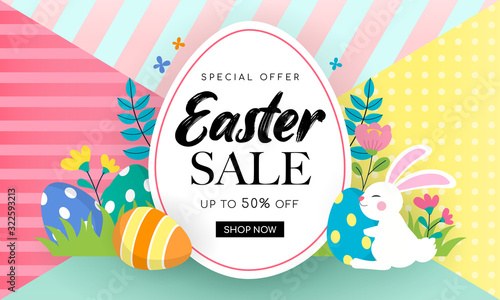 Easter Sale Banner Background Vector illustration. Rabbit and easter eggs in colorful spring flowers meadow