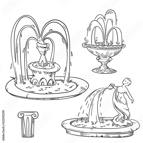Set of outdoor vintage fountains, vector sketch.
