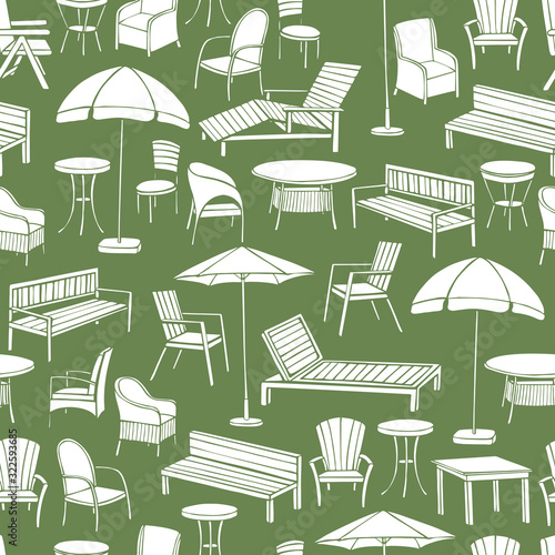 Hand drawn garden furniture. Vector seamless pattern