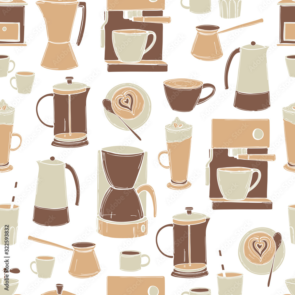 Hand drawn coffee set. Сoffee drinks , makers and grinders. Vector seamless pattern Hand drawn coffee set. Сoffee drinks , makers and grinders. Vector seamless pattern