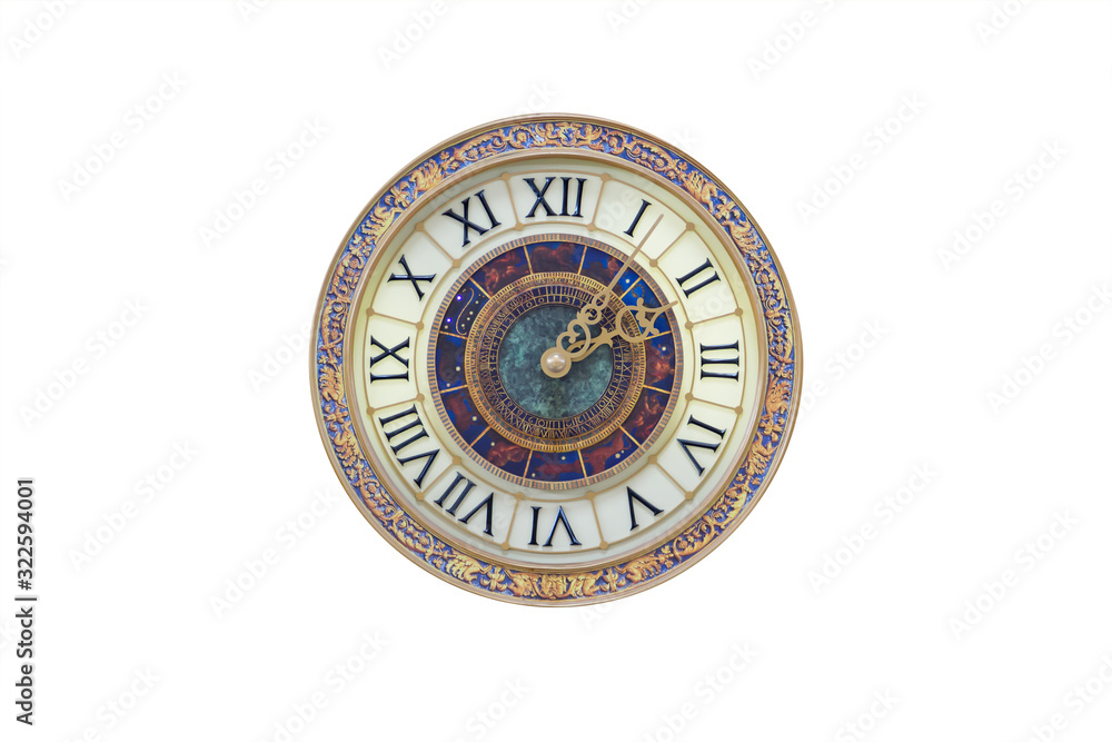 zodiac clock wall isolate on white background. vintage roman clock wall.