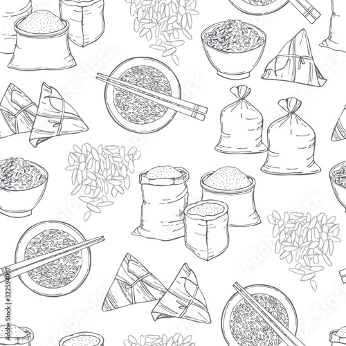 Hand drawn rice set. Vector  seamless pattern