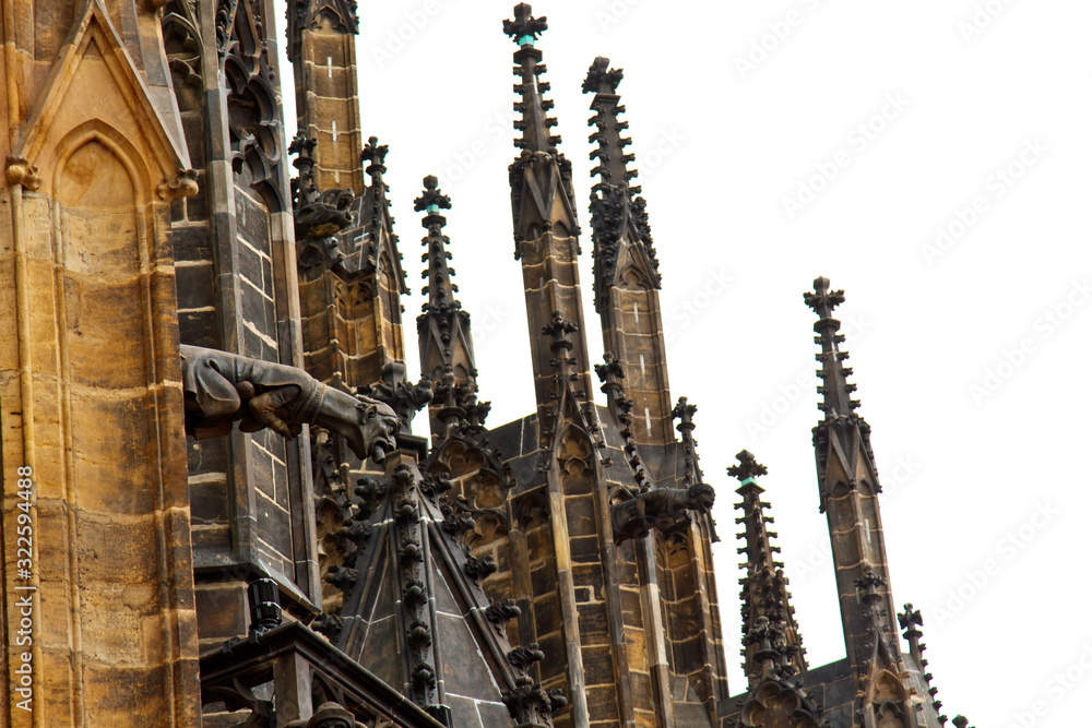 Prague. 10.05.2019: Staircase to the treasury, Saint Vitus's Cathedral, Prague castle, Prague, Czech Republic. Gothic ornamental detail of roof St. Vitus Cathedral.