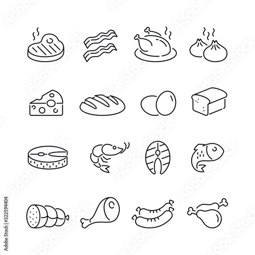 Food related icons: thin vector icon set, black and white kit