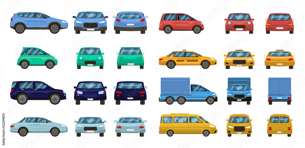 Car views. Front and profile side car view, urban traffic transport of different views. Auto transport vector isolated set. Motor vehicles top, back and front. pickup, suv and hatchback, taxi sedan Car views. Front and profile side car view, urban traffic transport of different views. Auto transport vector isolated set. Motor vehicles top, back and front. pickup, suv and hatchback, taxi sedan